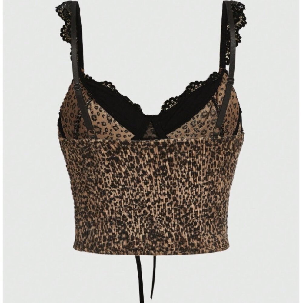 💚 ROMWE Leopard Print Lace Trim Cami Top – Women’s Lace Up Crop Tank – - Picture 3 of 9